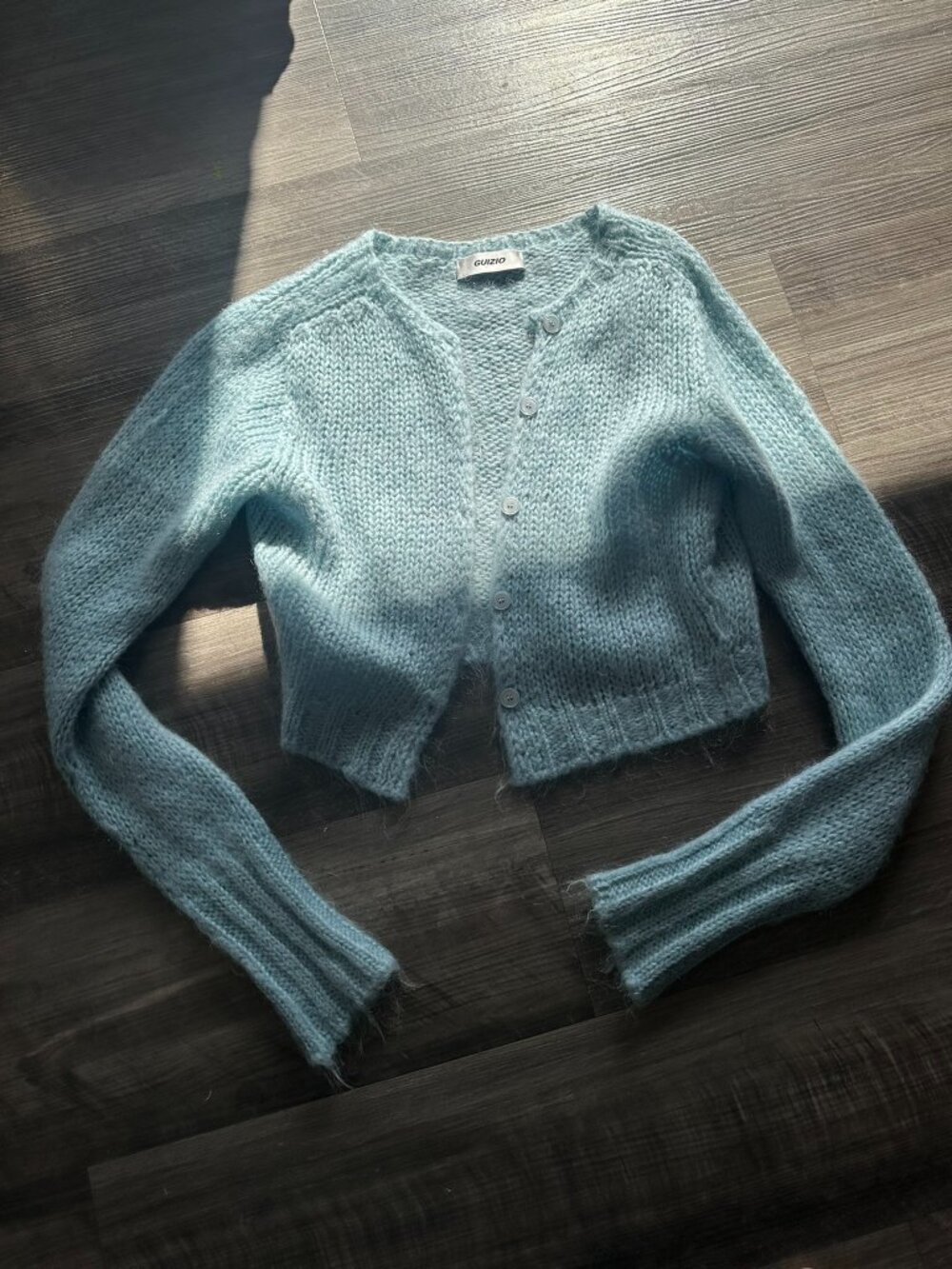 DANIELLE GUIZIO Mohair Fuzzy Cropped Cardigan in Baby Blue. - size SMALL